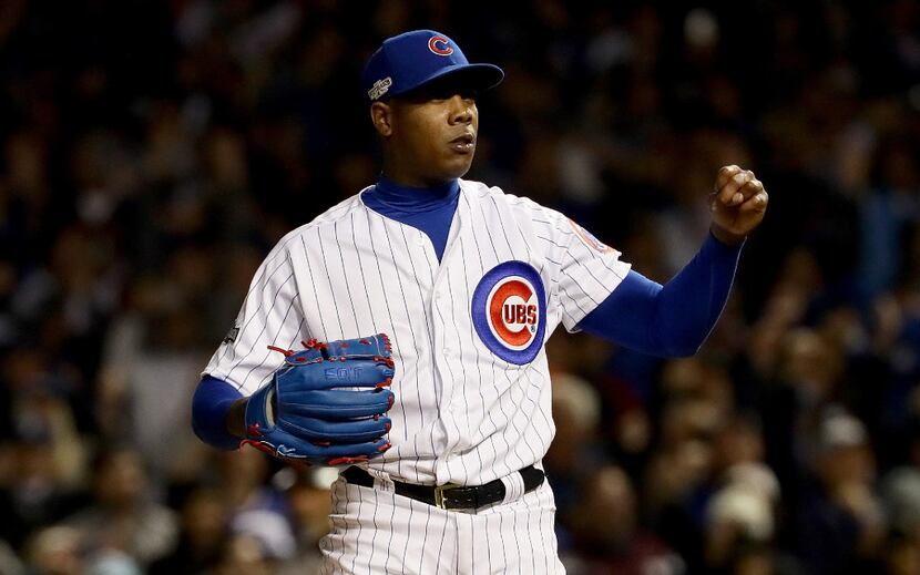 Aroldis Chapman celebrates after beating the San Francisco Giants 5-2 at Wrigley Field on...
