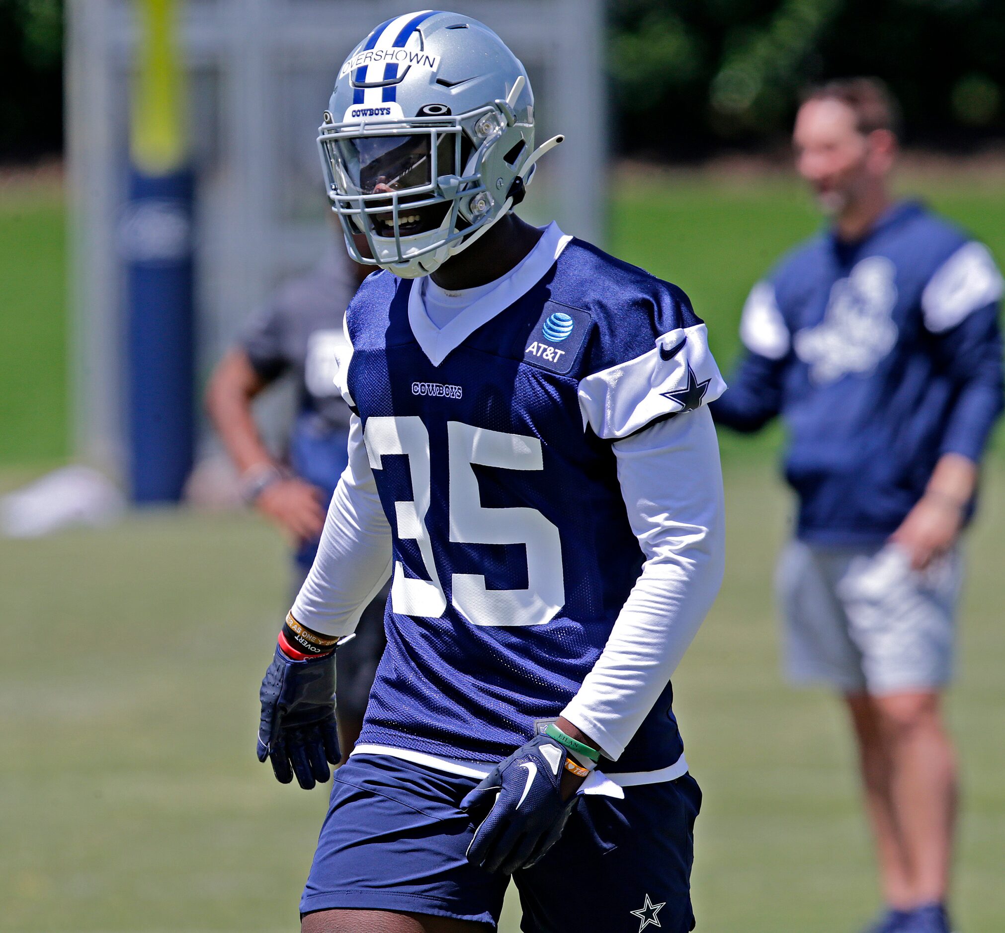 Cowboys rookie linebacker DeMarvion Overshown (35) participates in drills as the Dallas...