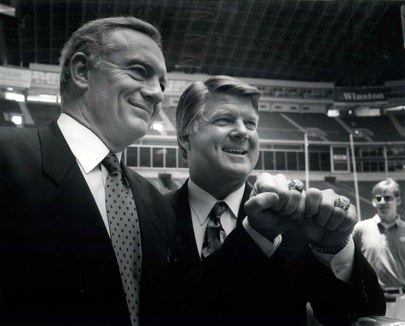 Shot June 2, 1993 - Jerry Jones, Jimmy Johnson - Super Bowl rings presentation - Texas...