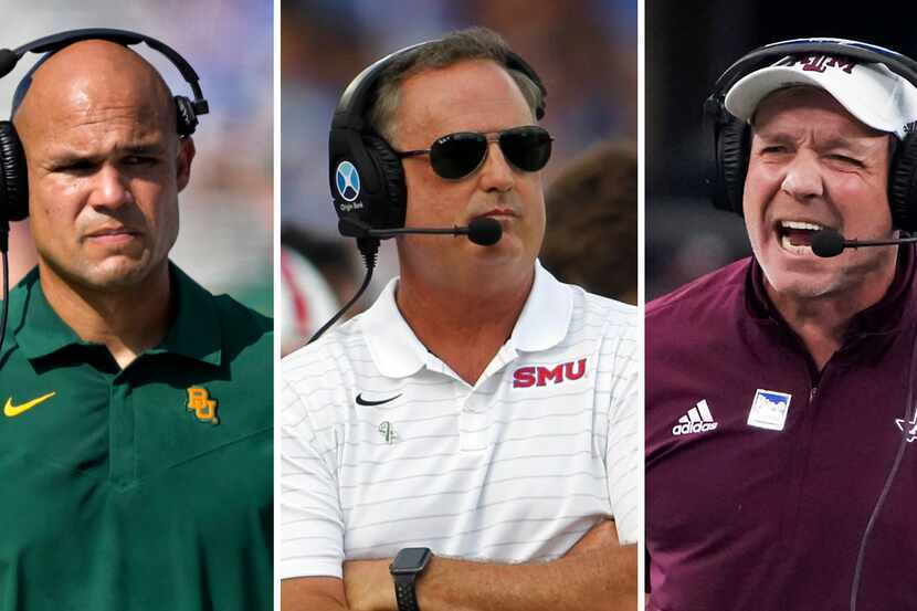 From L to R: Baylor coach Dave Aranda, SMU coach Sonny Dykes and Texas A&M coach Jimbo Fisher.