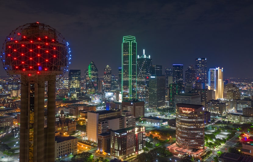 Reunion Tower lights up for Valentine's Day. 