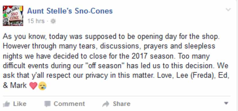 A screenshot of the business' Facebook post announcing the decision to close for the 2017...