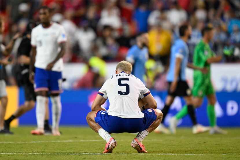 Antonee Robinson of the United States reacts after losing 0-1 against Uruguay at the end of...
