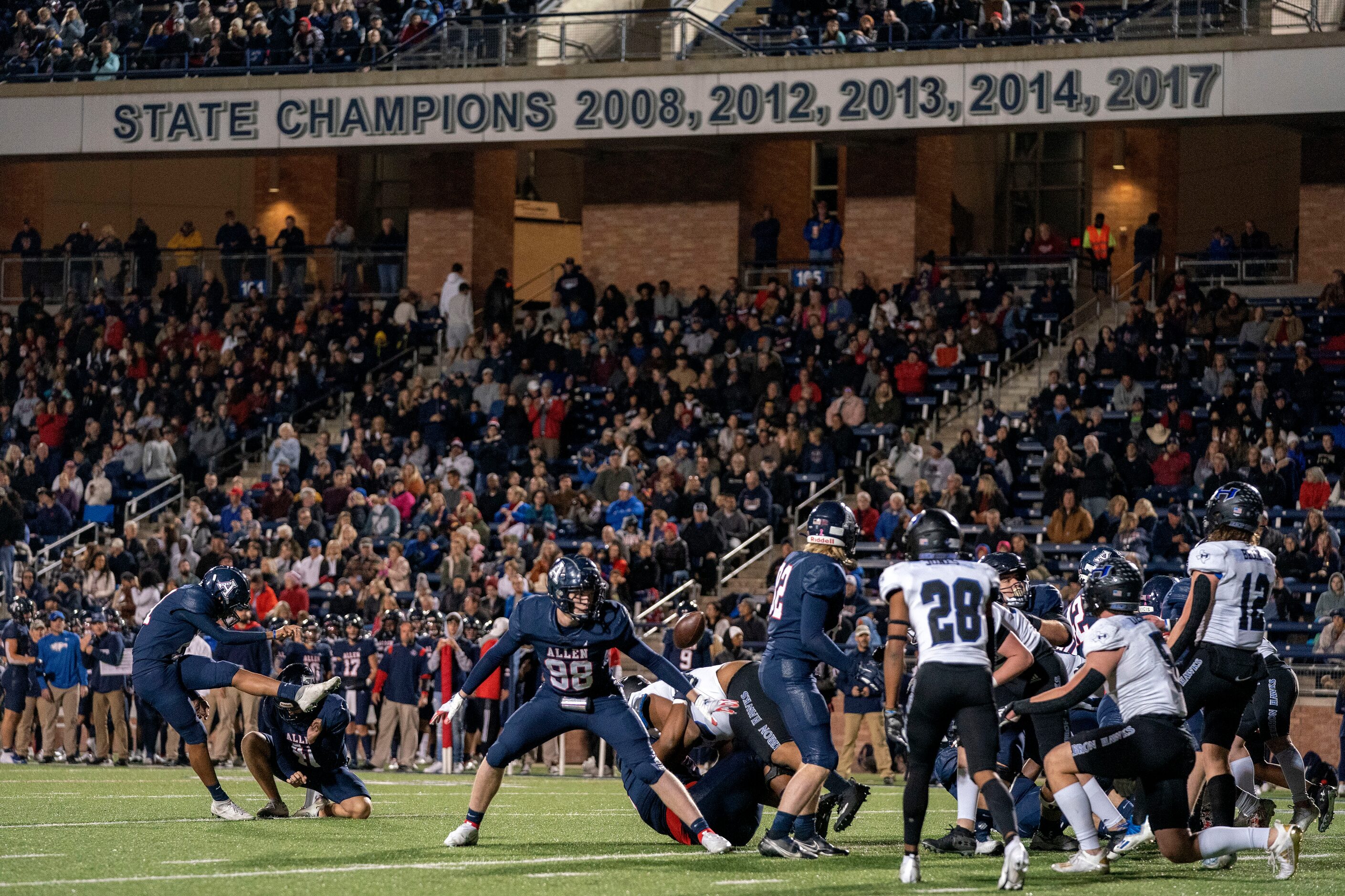 Allen senior kicker Caden Williams (47) kicks an extra point during the first half of a...