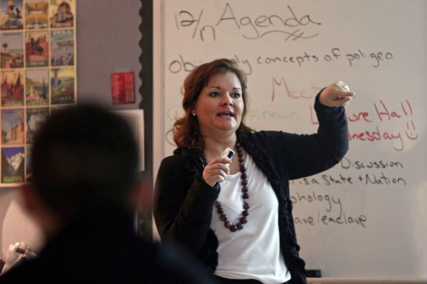Erika Lowery teaches a world history class at Lewisville High School Harmon Campus.