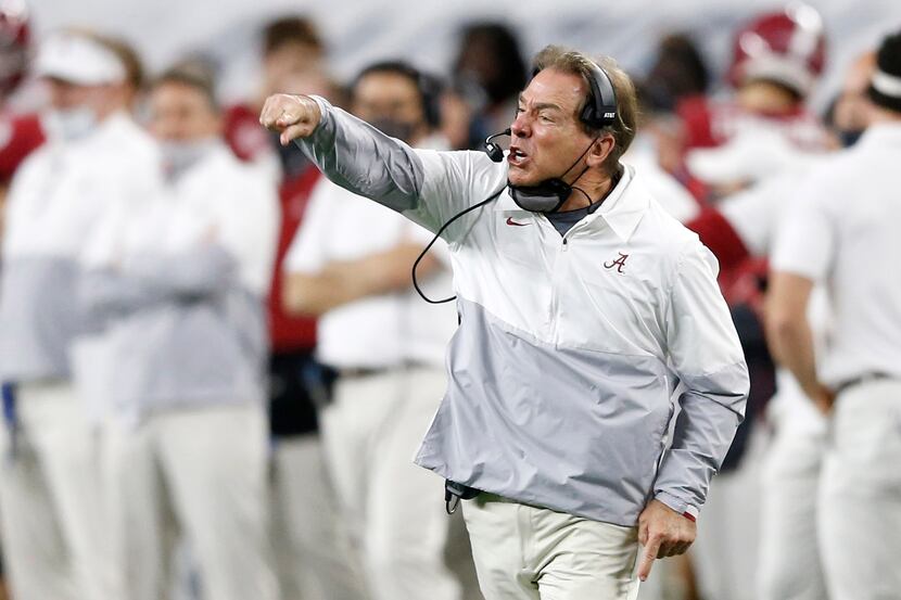 Alabama Crimson Tide head coach Nick Saban reacts after a play in a game against the Notre...