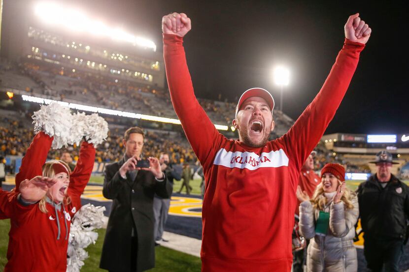 Oklahoma coach Lincoln Riley yells after the team's 59-56 win over West Virginia during an...