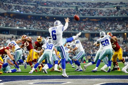 Dallas Cowboys punter Chris Jones (6) kicks from the end zone against the Washington...