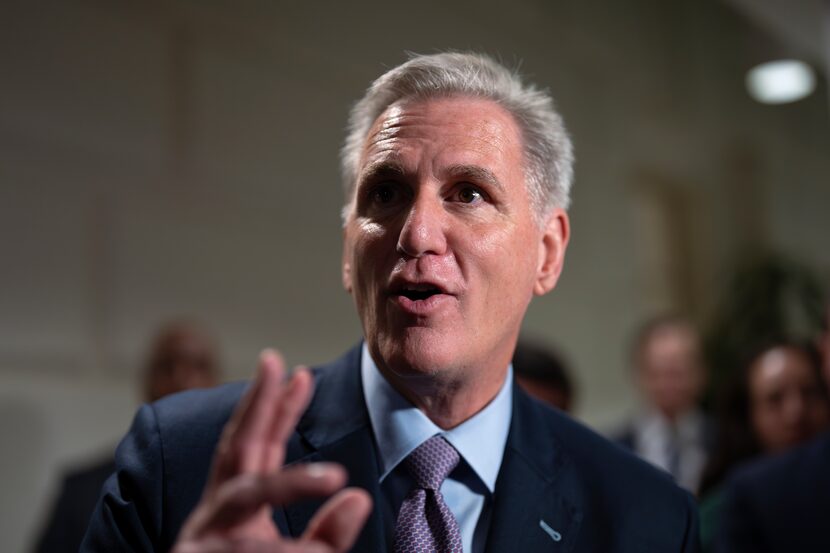 Speaker of the House Kevin McCarthy, R-Calif., talks to reporters after a closed-door...