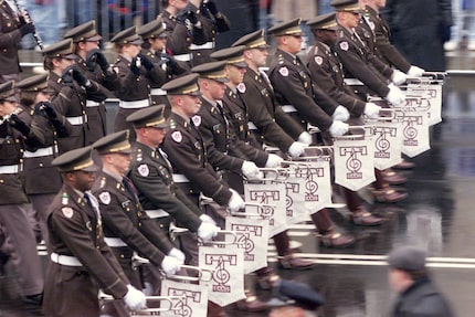 The Fightin' Texas Aggie Band makes their way down Pennsylvania Avenue during the...