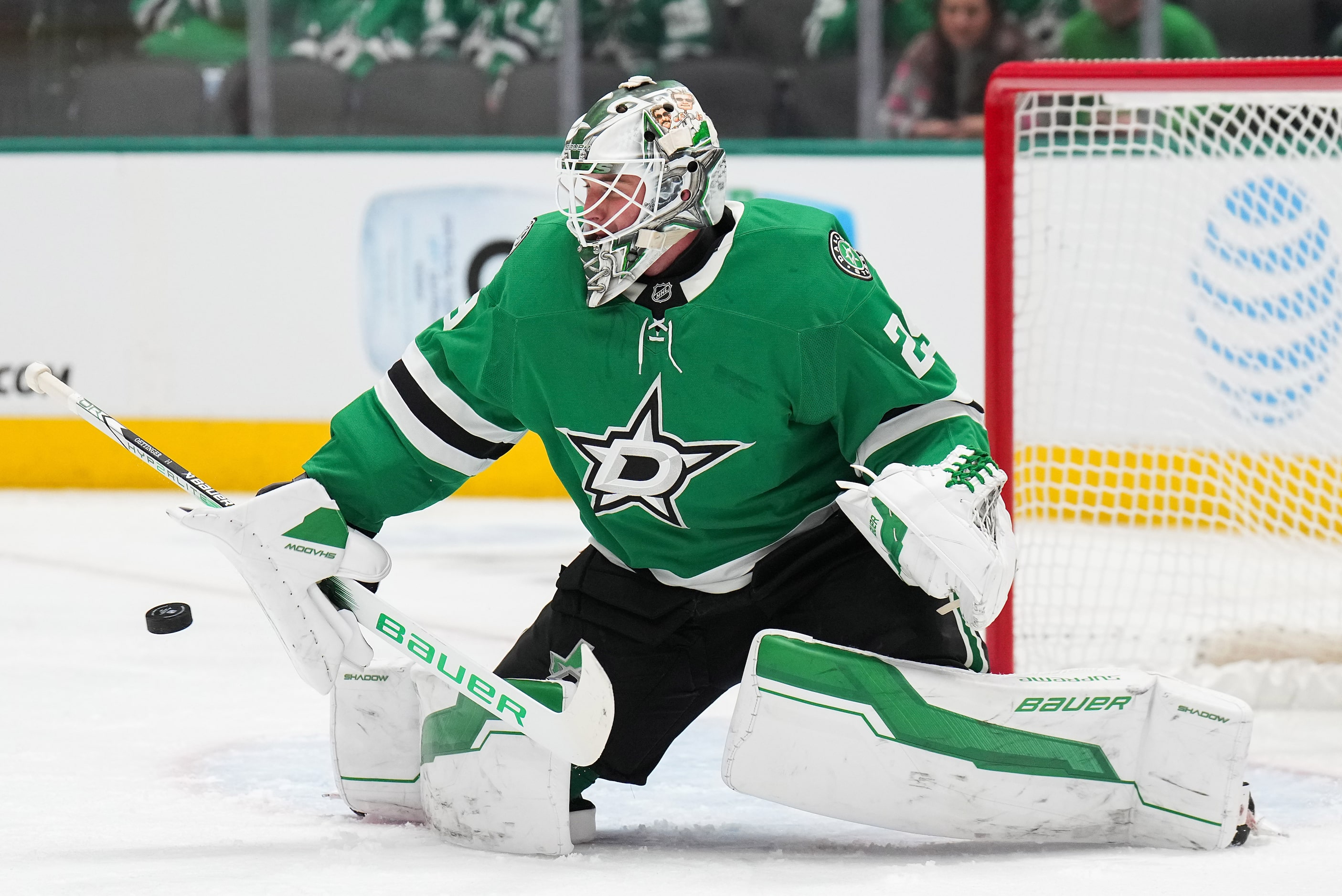 Dallas Stars goaltender Jake Oettinger makes a save during the second period of an NHL...