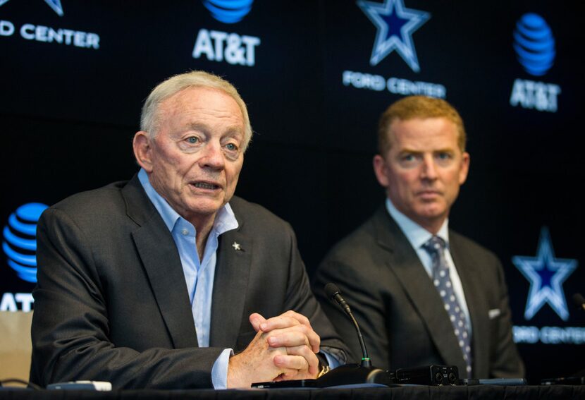 Dallas Cowboys owner Jerry Jones and head coach Jason Garrett answer questions from...