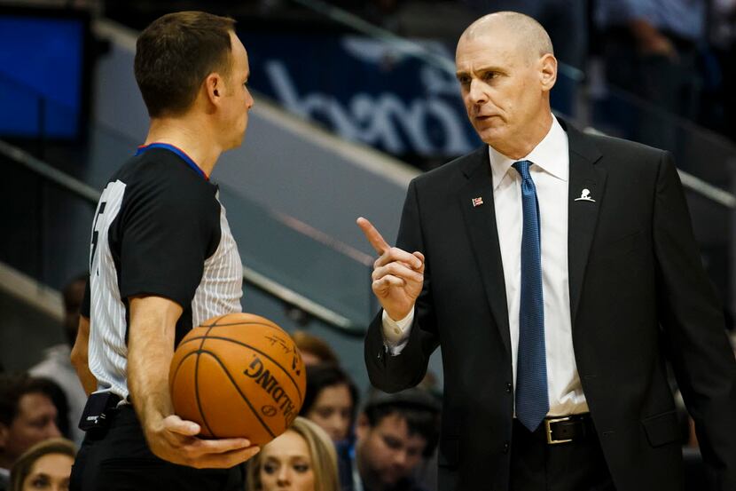 Dallas Mavericks head coach Rick Carlisle argues for a call during the second half of an NBA...
