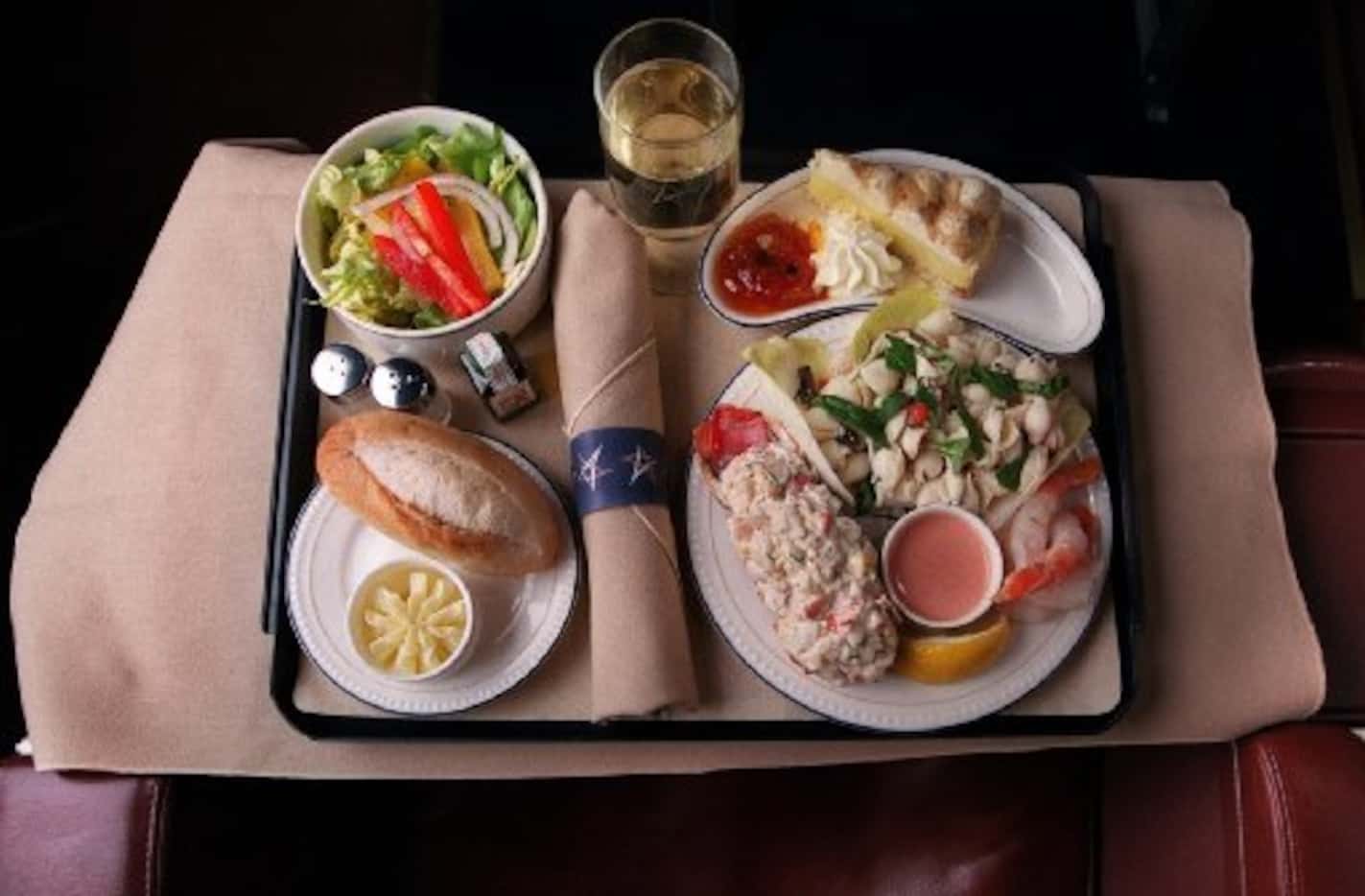 Legend Airlines served this dinner on flights outbound from Dallas Love Field. Lower right:...