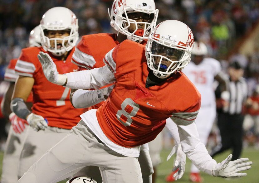 Duncanville defensive back Eli Jones (8) reacts after a tackle in the first quarter during a...