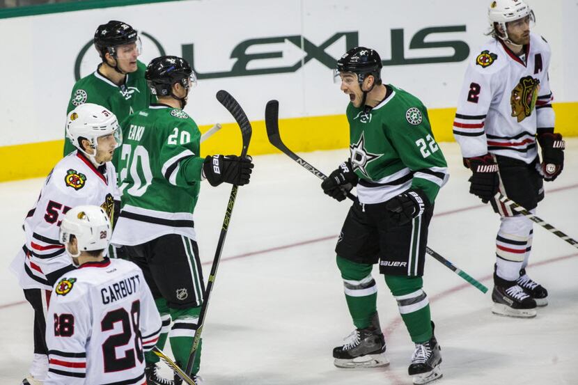 Dallas Stars center Colton Sceviour (22) celebrates a goal with his team mates during the...