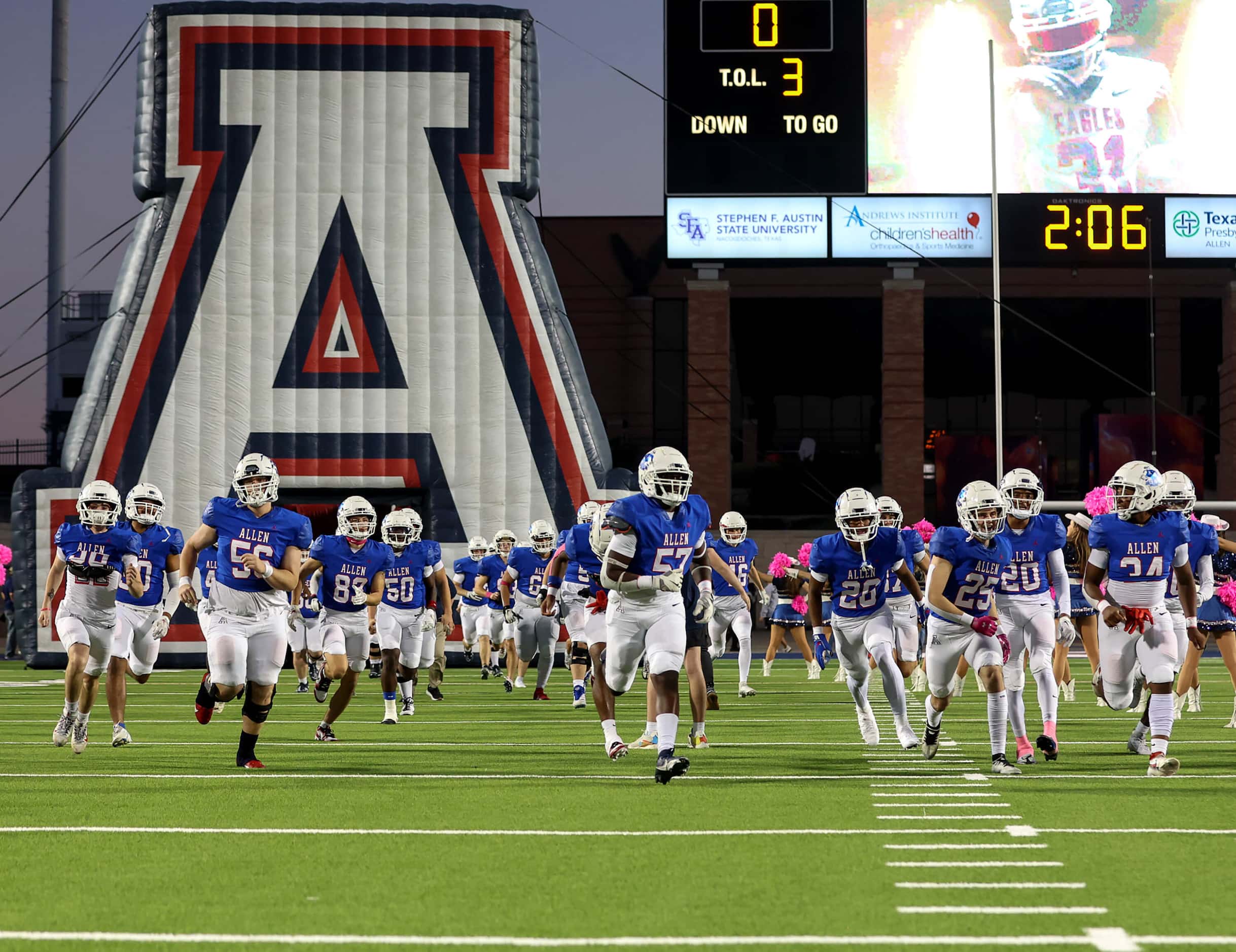The Allen Eagles enter the field to face Denton Guyer in a District 5-6A high school...
