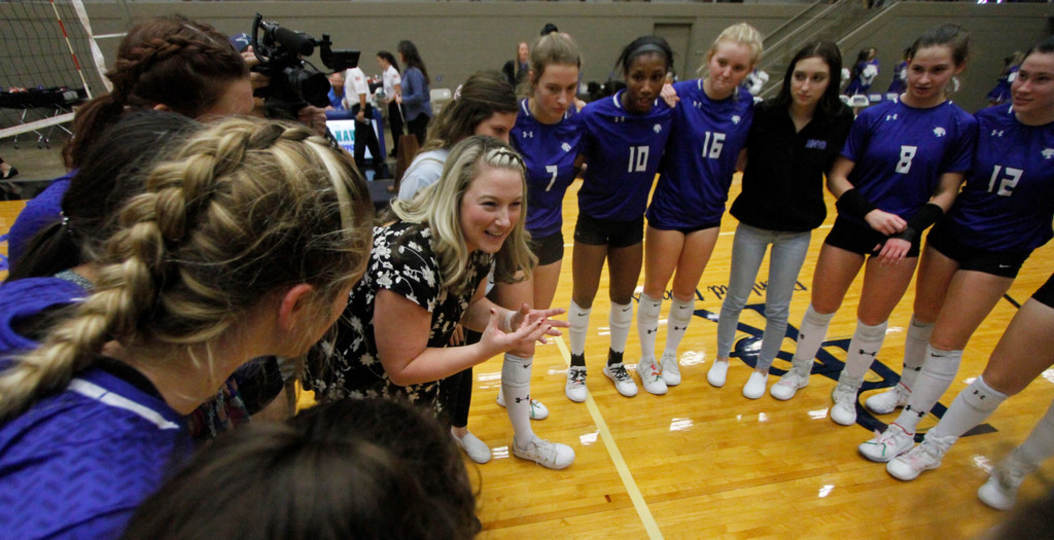 Trophy Club Byron Nelson head volleyball coach Brianne Barker-Groth is unable to contain her...