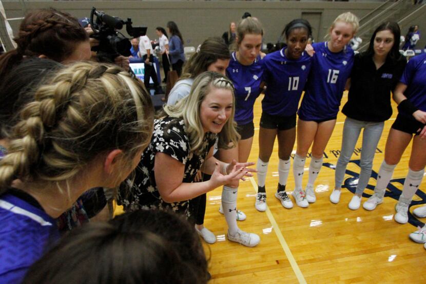 Trophy Club Byron Nelson head volleyball coach Brianne Barker-Groth is unable to contain her...
