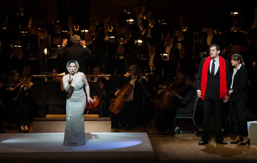 From left: Ausrine Stundyte, Richard Trey Smagur and Deniz Uzun sing in the Dallas Symphony...