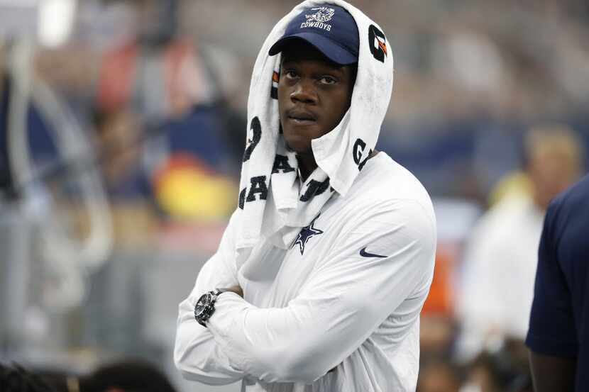 Dallas Cowboys' Randy Gregory watches play from the sideline during an NFL football game...