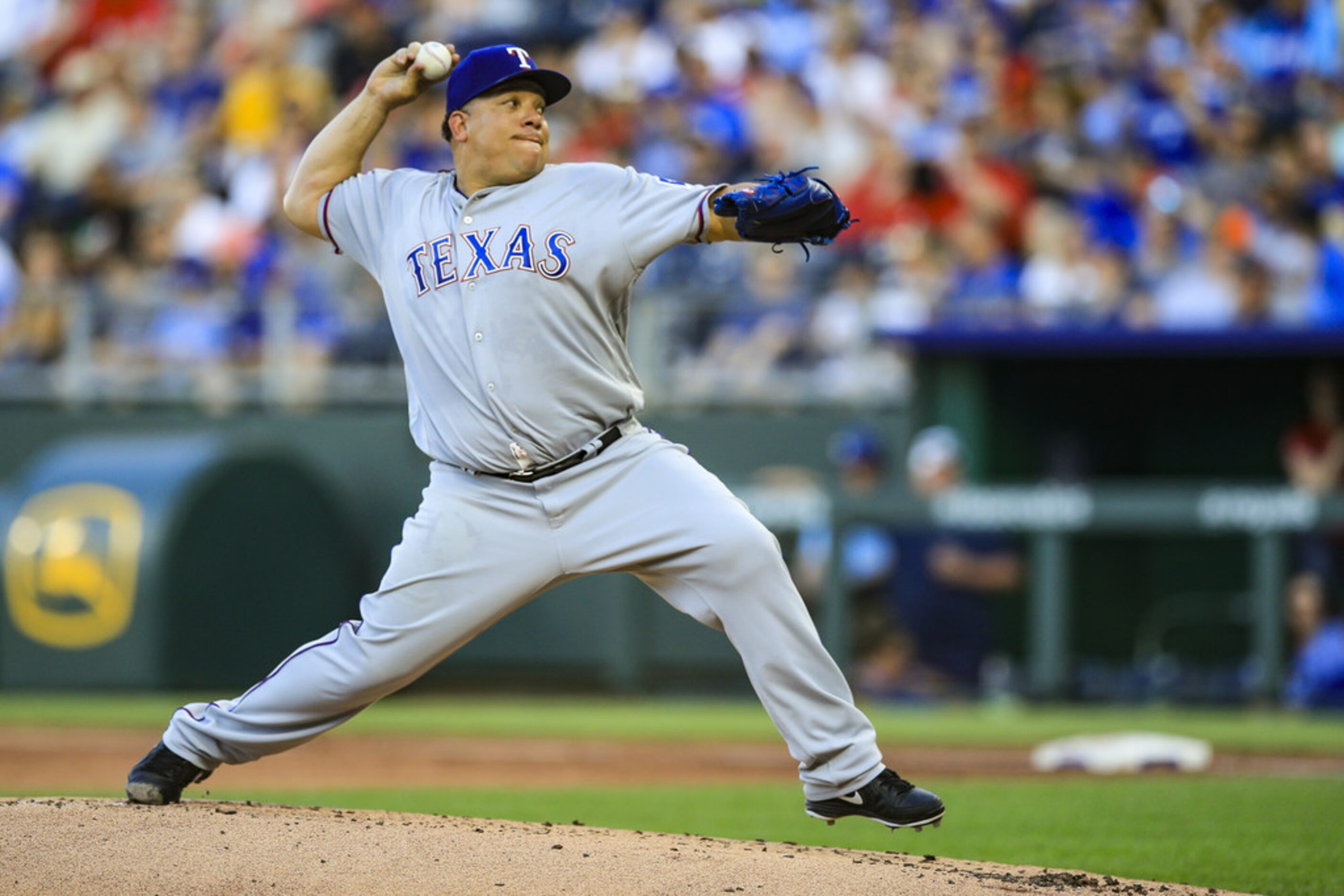 KANSAS CITY, MO - JUNE 18: Bartolo Colon #40 of the Texas Rangers pitches against the Kansas...