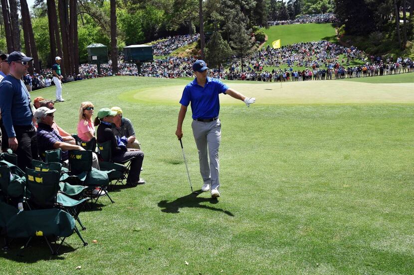 US golfer Jordan Spieth lines up a shot during Round 2 of the 80th Masters Golf Tournament...