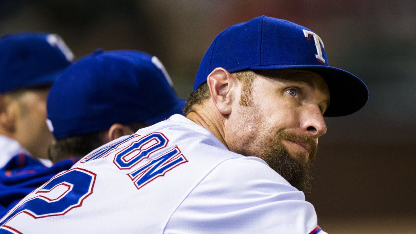 Texas Rangers left fielder Josh Hamilton (32) reacts to a 12-4 score during the ninth inning...
