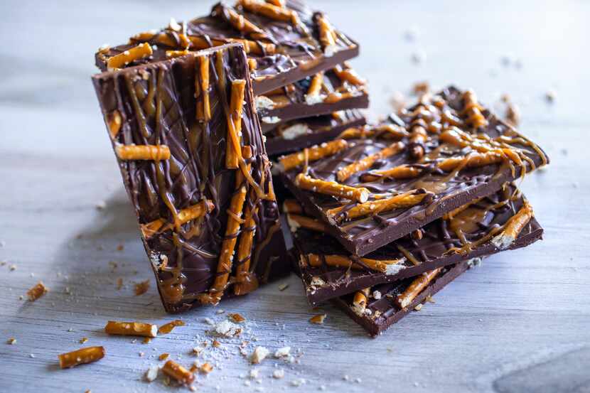 Salted caramel pretzel chocolate bark is made with melted caramel candies. (Lynda M....