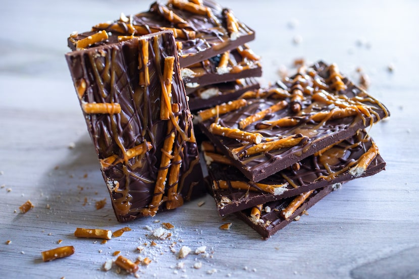 Salted caramel pretzel chocolate bark is made with melted caramel candies. (Lynda M....