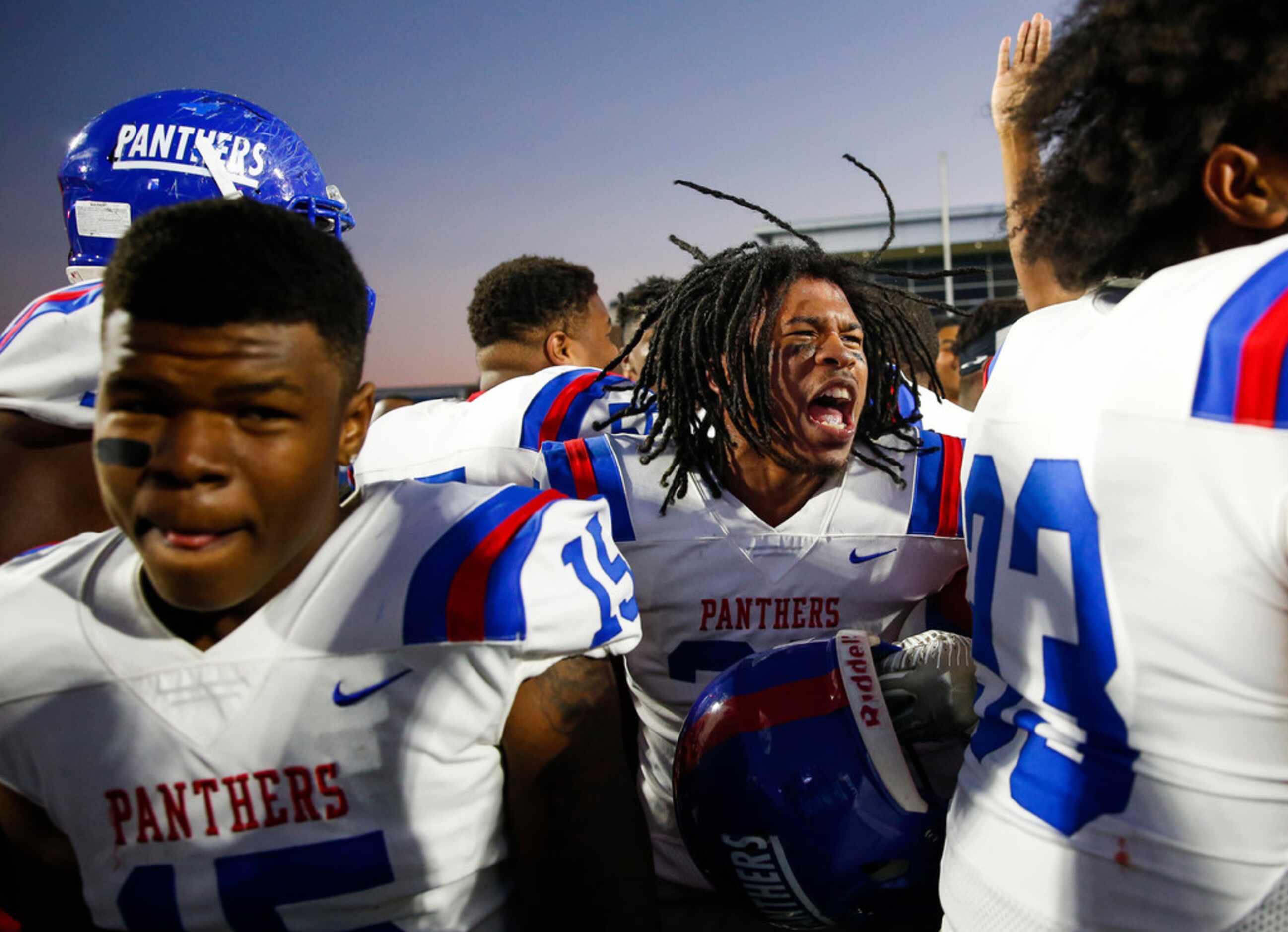 The Duncanville Panthers celebrate a win over Rockwall in the Class 6A Division I state...