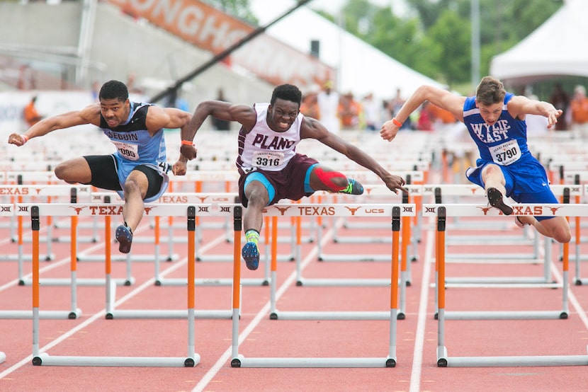 Plano's Charles Brockman, center, and Wylie East's Justin Young, right, are neck and neck...