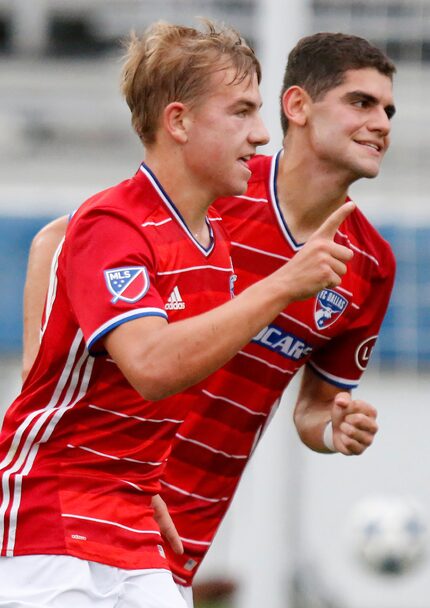 FC Dallas team mates Paxton Pomykal (10) and Aldo Quevado (9) jubilate after Pomykal scored...