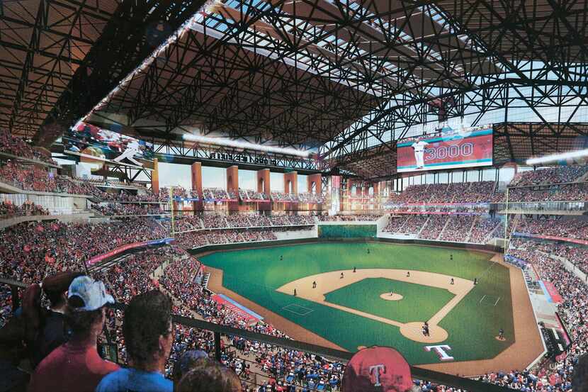 The interior of the ballpark, in Globe Life Field renderings provided by HKS at a press...