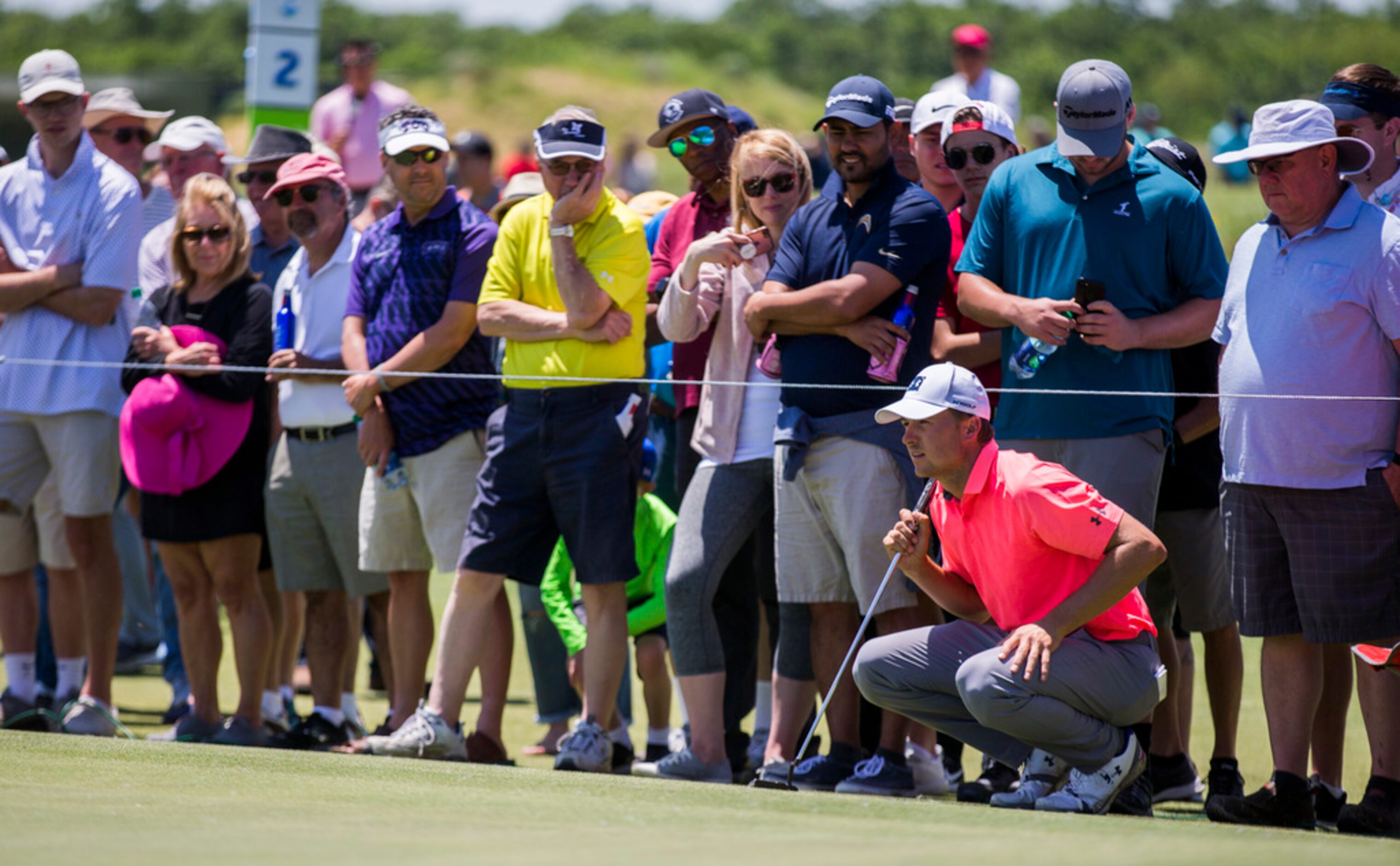 Jordan Spieth lines up a shot on the first green during round 4 of the AT&T Byron Nelson...