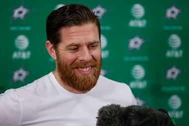 Dallas Stars center Joe Pavelski speaks during Dallas Stars season wrap news conference on...