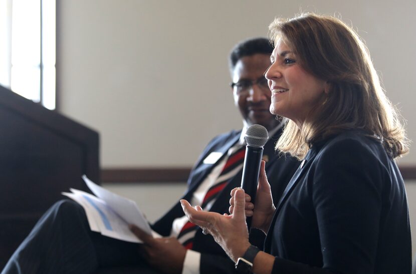 Angela Paxton speaks during a Parent Empowerment Tour luncheon at Stonebridge Ranch Country...