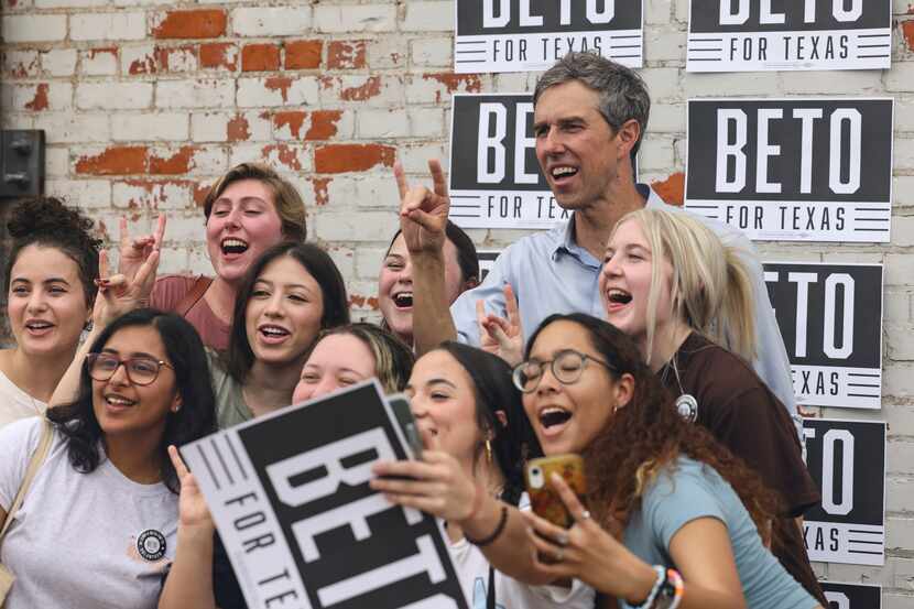 Beto O'Rourke takes a photo with women from Austin College on Thursday, April 21, 2022 at...