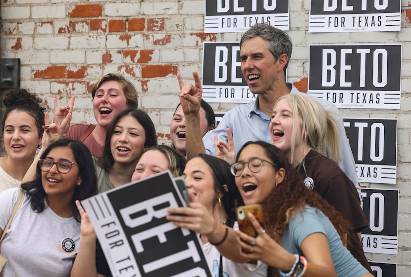 Beto O'Rourke takes a photo with women from Austin College on Thursday, April 21, 2022 at...