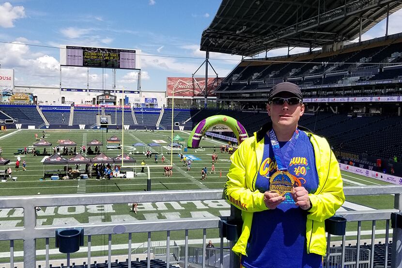 Corey Hlavacek at the finish of the 2018 Manitoba Marathon in Winnipeg, Manitoba, Canada....