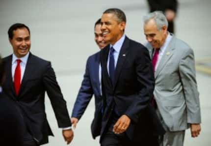  President Barack Obama was welcomed by state Rep. Joaquin Castro (left), San Antonio Mayor...