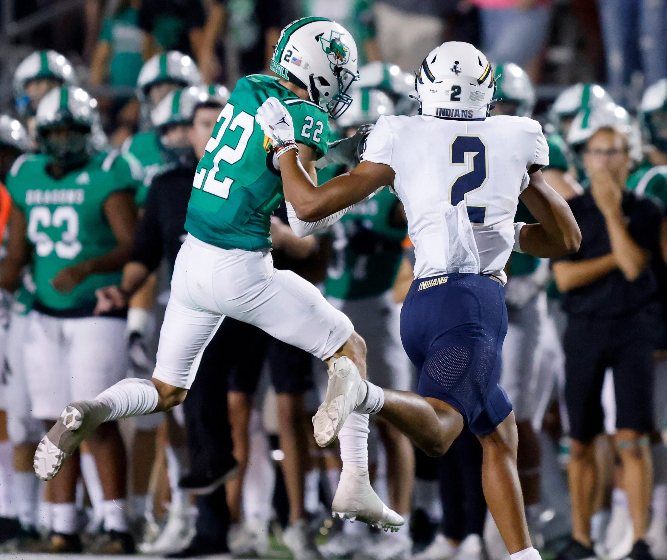 Southlake Carroll defensive back Logan Lewandowski (22) intercepts a fourth quarter pass,...