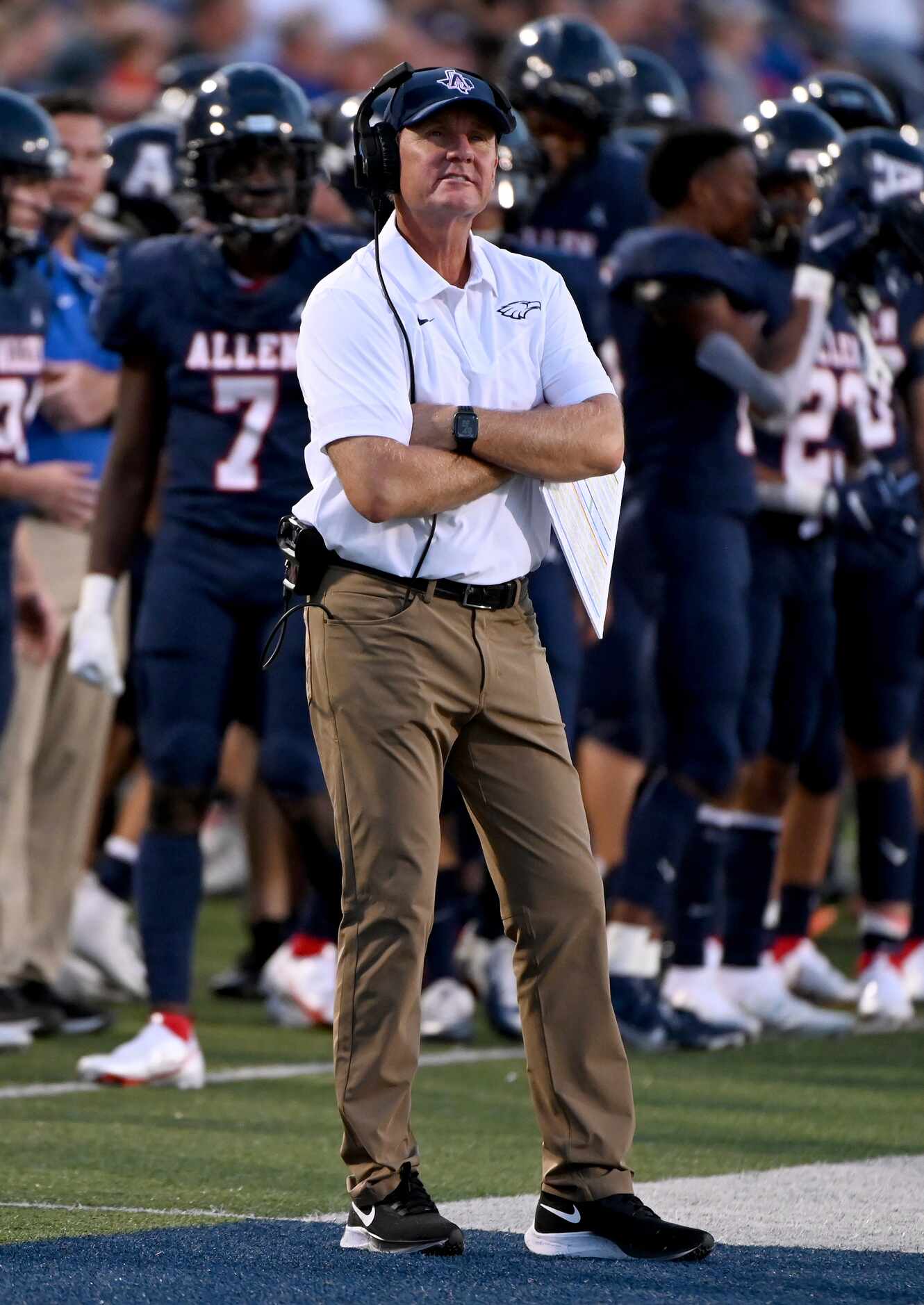 Allen head coach Chad Morris reacts to play in the first half during a high school football...