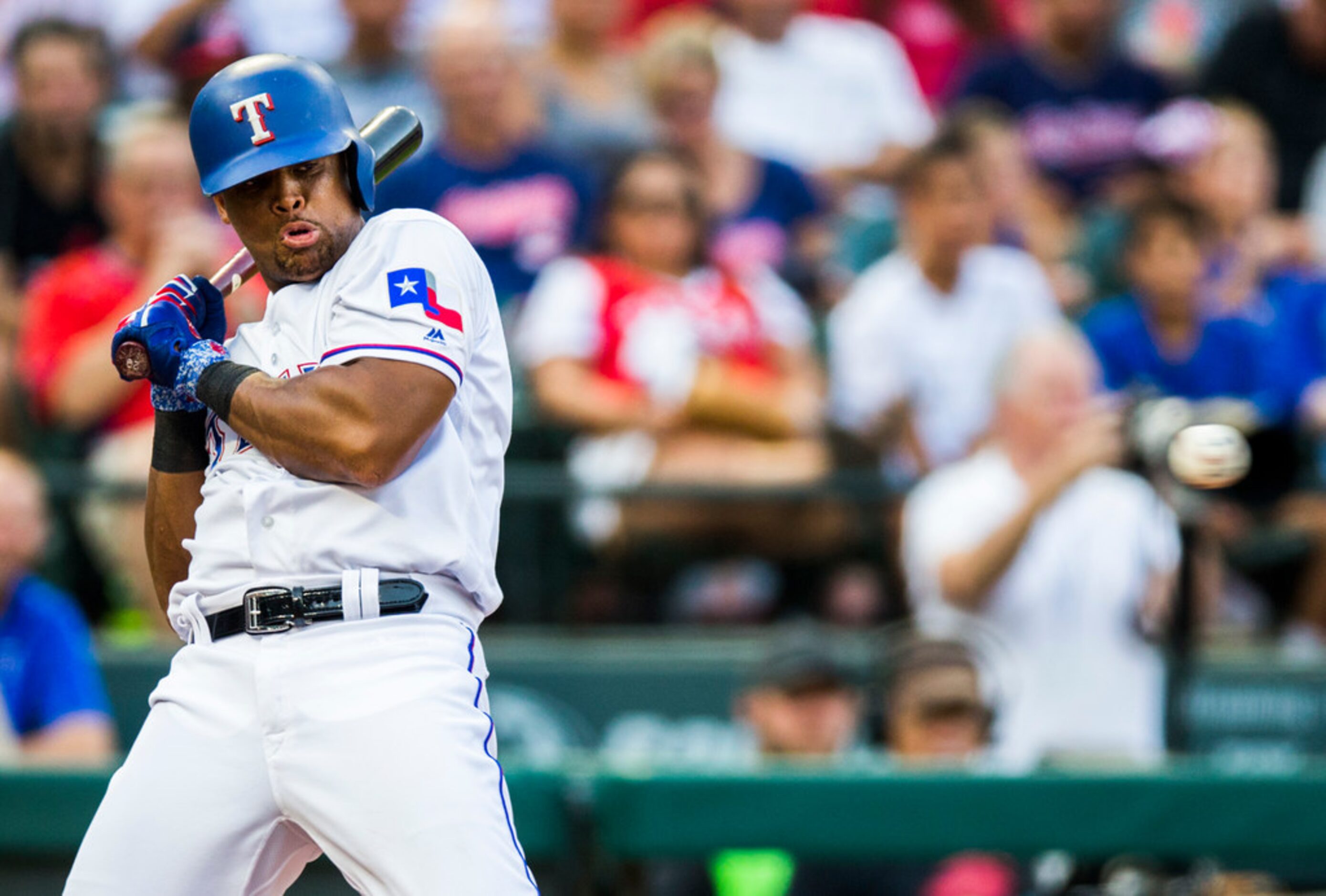 Texas Rangers third baseman Adrian Beltre (29) dodges a pitch from Cleveland Indians...