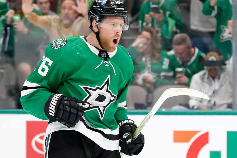 Dallas Stars center Joe Pavelski (16) celebrates his second of two first period goals...