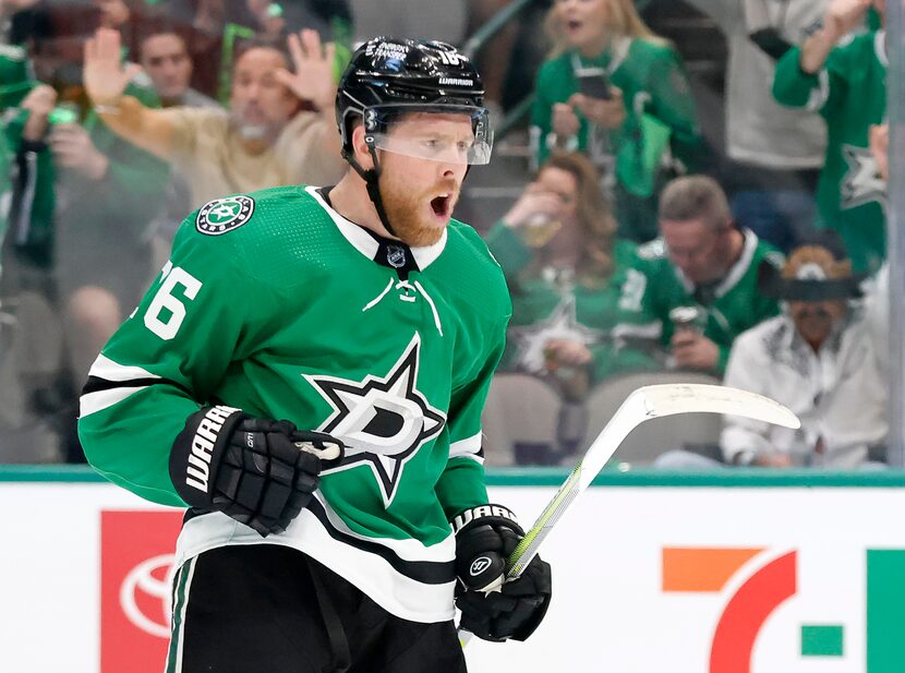 Dallas Stars center Joe Pavelski (16) celebrates his second of two first period goals...