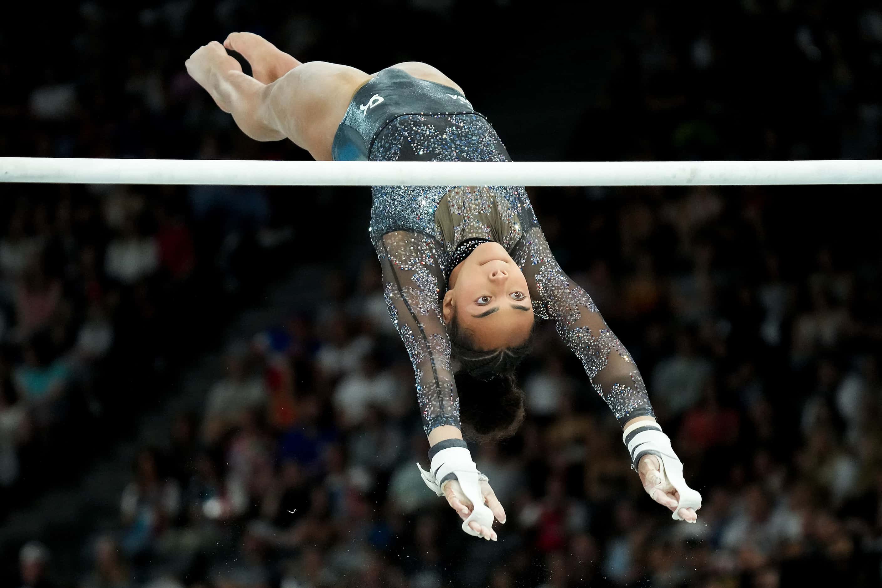 Hezly Rivera of the United States competes on the uneven bars during women’s gymnastics...