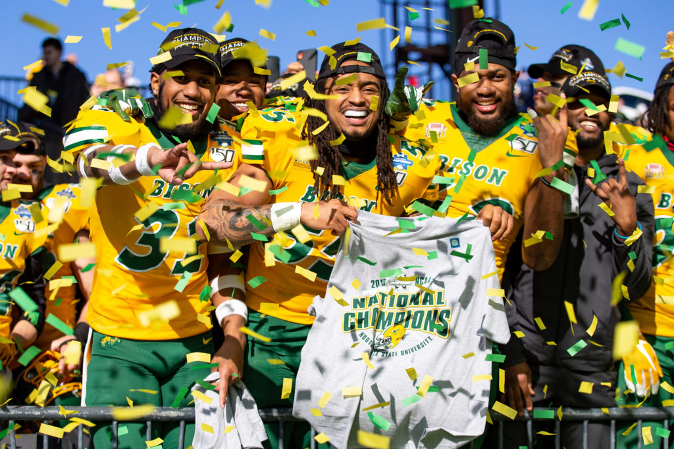 North Dakota State linebackers Jasir Cox (31), Aaron Mercadel (55), and Jabril Cox (42)...