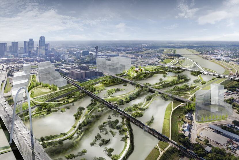 A conceptual rendering of the Trinity River Plan introduced May 20, 2016. This view shows a...