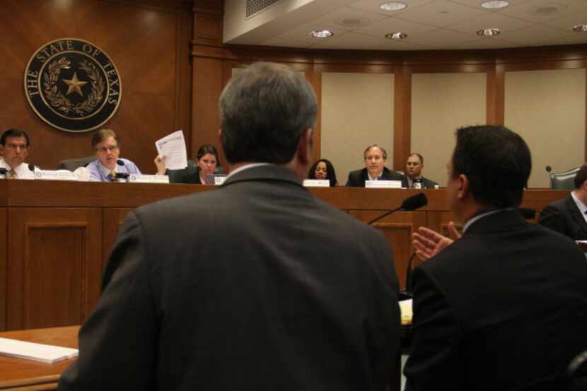 Joe Pojman (left) of Texas Alliance for Life and Jonathan Saenz of Texas Values testified...